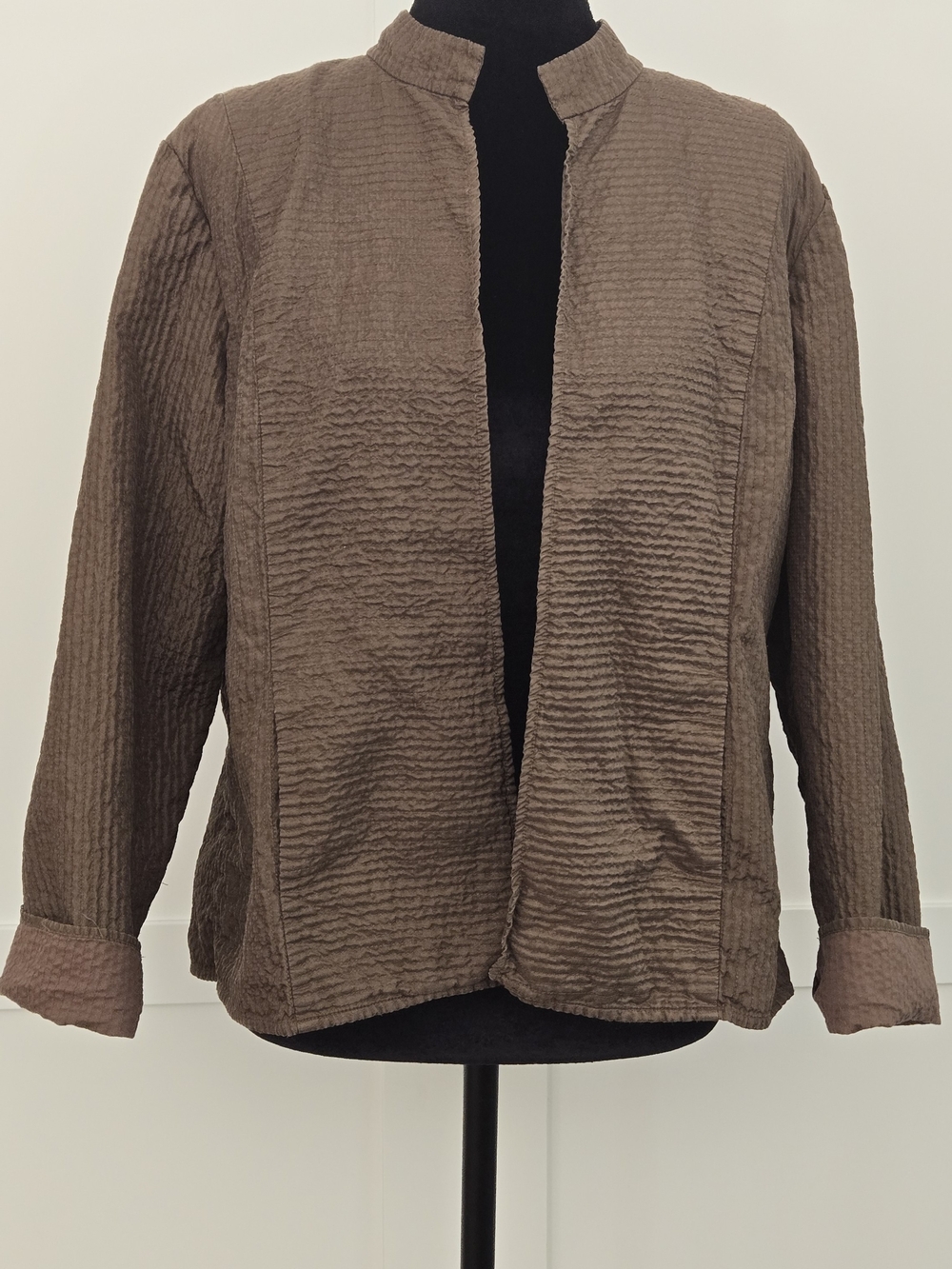 Eileen Fisher Vintage 100% Silk Crinkle Plisse Open Front Jacket Brown Petite L